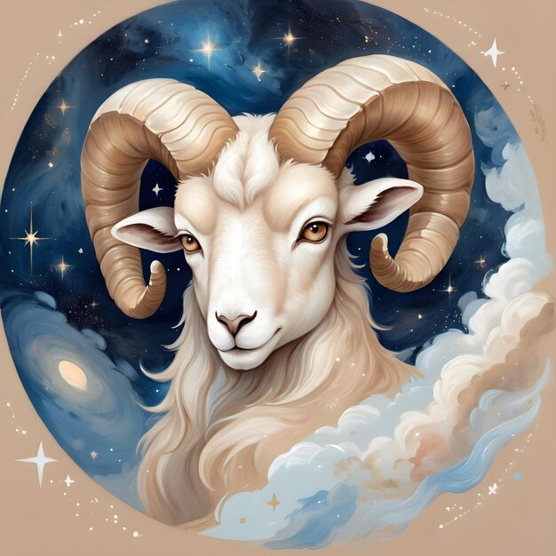 signo del zodiaco Aries una oveja con un cuerno dorado y un cielo azul con estrellas en el fondo