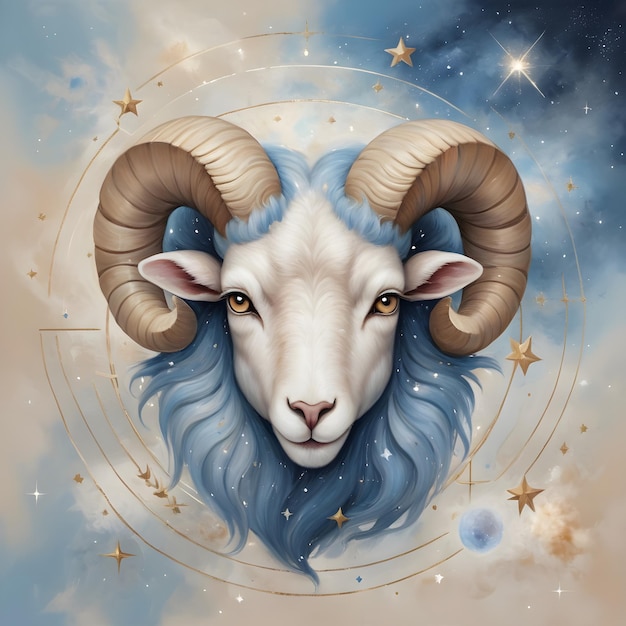 signo del zodiaco Aries una oveja con un cuerno dorado y un cielo azul con estrellas en el fondo