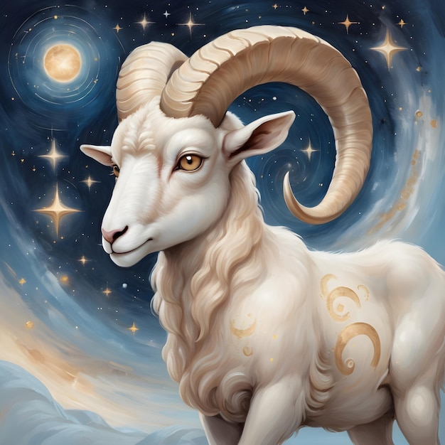 signo del zodiaco Aries una oveja con cuernos y un cielo azul con estrellas en el fondo