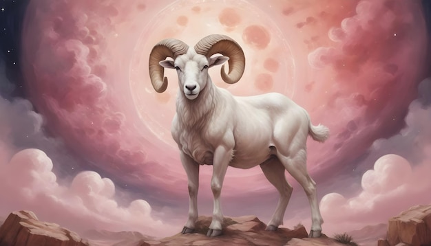 Signo del zodiaco Aries una oveja con cuernos está de pie en una colina