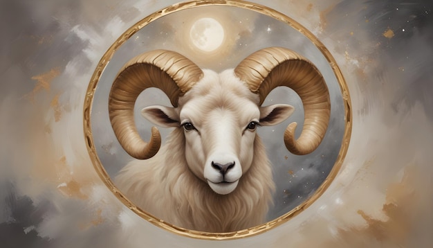 Signo del zodiaco de Aries una oveja con cuernos y un marco de oro con una luna en el fondo