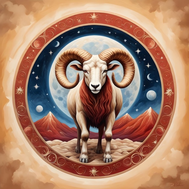 Signo del zodiaco Aries una oveja con una luna llena y estrellas en el fondo