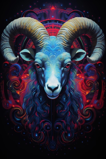 Foto signo del zodiaco aries en vibrantes colores holográficos misticismo con un toque de surrealismo signo astrológico carnero en fondo colorido horóscopo imagen vertical ia generativa