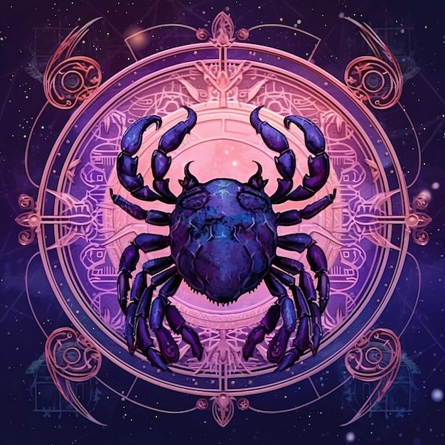 Foto signo del zodiaco cáncer con una silueta de un cangrejo azul en un horóscopo astrológico de fondo cósmico