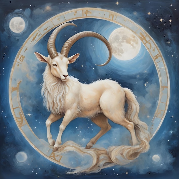 signo del zodiaco Capricornio un dibujo de una cabra con una luna y estrellas en el fondo