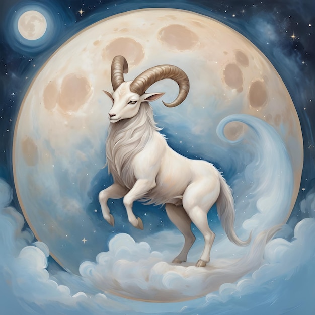 signo del zodiaco Capricornio un dibujo de una cabra con una luna y estrellas en el fondo