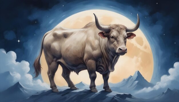 Signo del zodiaco chino Buey una vaca con una luna llena en el fondo