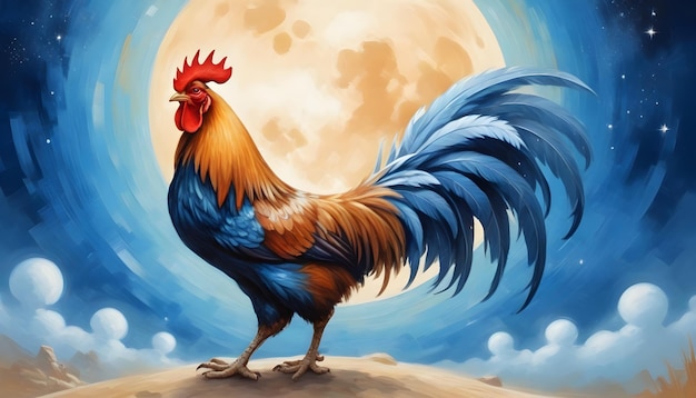 Signo del zodiaco chino Gallo un gallo con una cola azul se encuentra frente a una luna llena