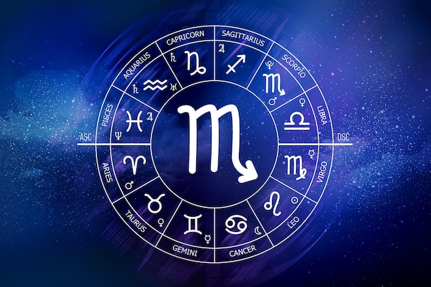 Signo del zodiaco Escorpio Fondo abstracto del cielo nocturno Icono de Escorpio sobre fondo azul del espacio