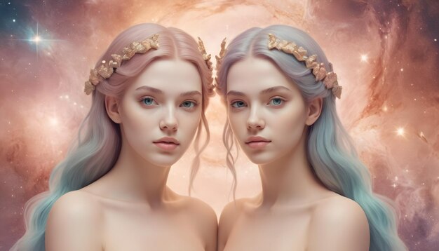 Signo del zodiaco Géminis Dos mujeres hermosas El fondo del universo