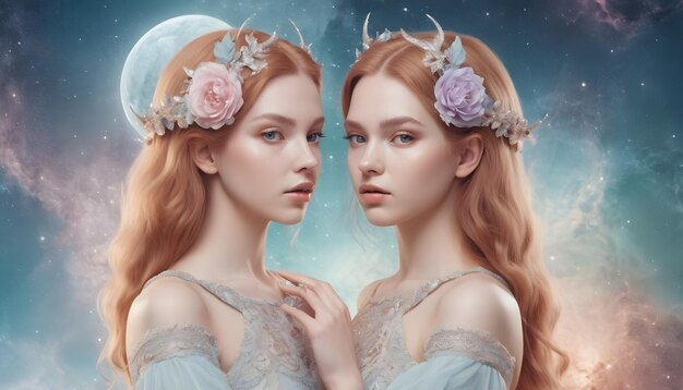 Signo del zodiaco Géminis Dos mujeres hermosas El fondo del universo