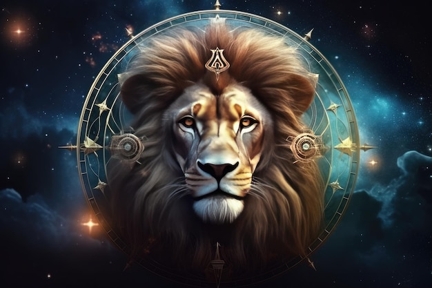 Signo del zodiaco de leo cabeza de león luces de fantasía horóscopo oscuro Ai generativo