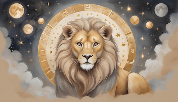 El signo del zodiaco Leo es un león con una luna llena detrás de él.