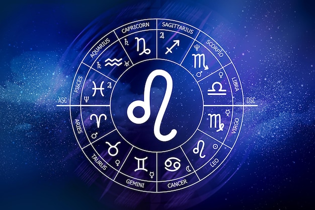 Foto signo del zodiaco leo fondo de cielo nocturno abstracto icono de leo sobre fondo azul del espacio