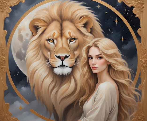Signo del zodiaco Leo una pintura de una mujer con un león