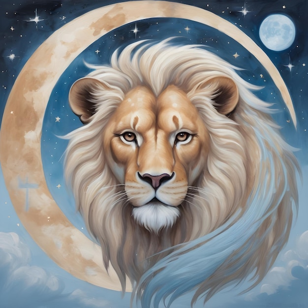 signo del zodiaco león un león con una luna y estrellas en el cielo