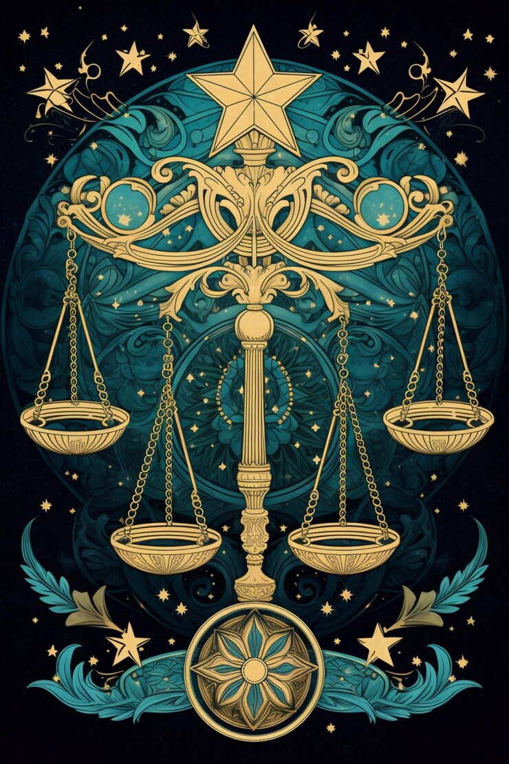 Foto signo del zodiaco de libra con estrellas y remolinos en un fondo negro