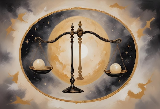 signo del zodiaco Libra una pintura de una escala con dos bolas en ella