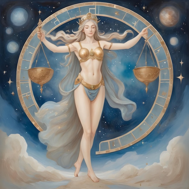 signo del zodiaco Libra una pintura de una mujer con una luna y estrellas