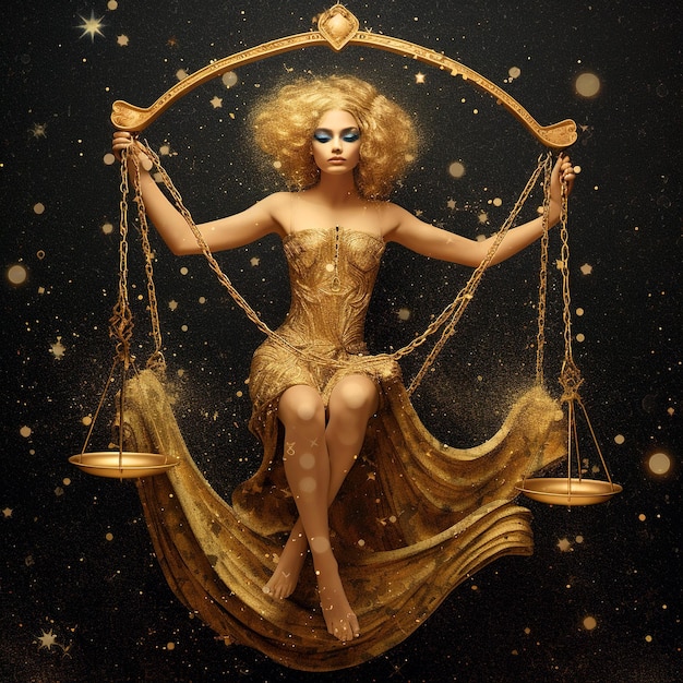 Signo del zodiaco de la mujer de fantasía Libra con escamas doradas y confeti generativo AI