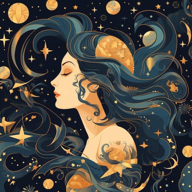 Foto signo del zodiaco mujer del zodiaco con cabello largo y estrellas generativa ai