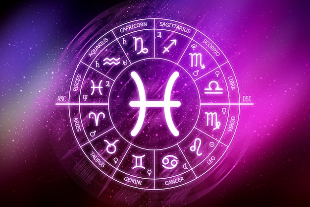 Signo del zodiaco Piscis Círculo del zodiaco sobre un fondo azul oscuro del espacio Astrología