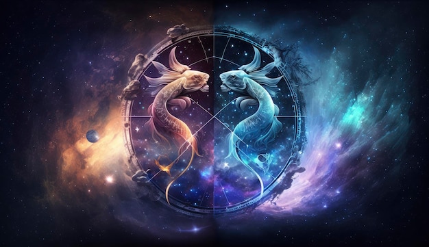 Foto signo del zodiaco de piscis contra el fondo de la nebulosa espacial calendario de astrología horóscopo esotérico y concepto de adivinación creado con ia generativa