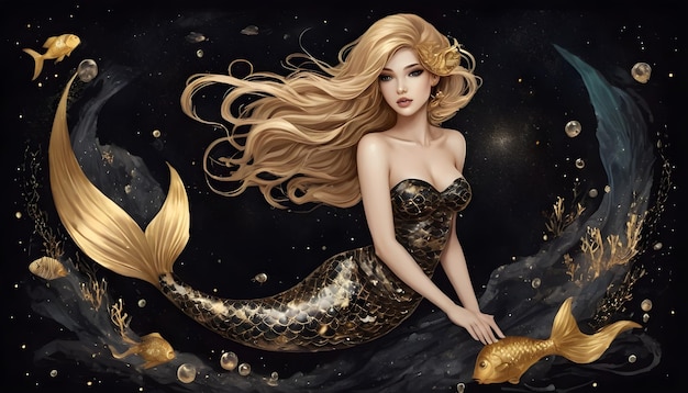 Signo del zodiaco Piscis mujer hermosa sirena peces universo fondo dorado y negro