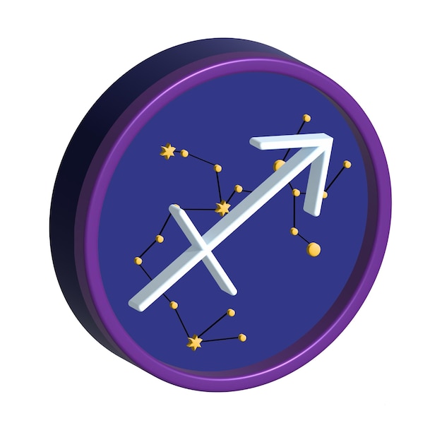 Signo del Zodíaco Sagitario Signo volumétrico 3d redondo con la constelación de Sagitario Icono azul sobre un fondo blanco