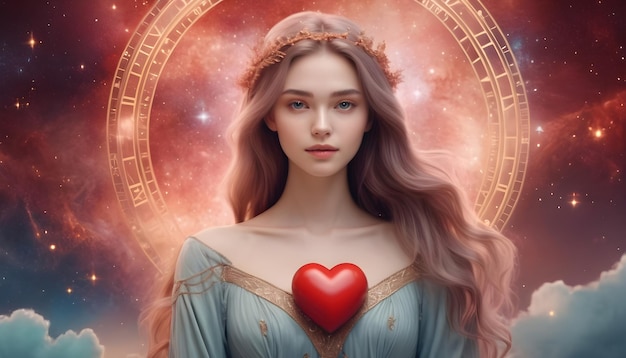 Signo del zodiaco Virgo mujer hermosa universo fondo corazón rojo horóscopo del amor
