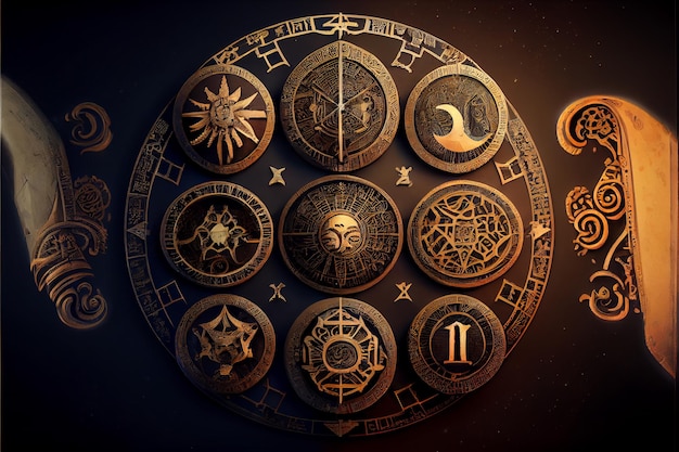 Signos astrológicos en el reloj antiguo Torre dell'Orologio Rueda medieval del zodiaco y las constelaciones Símbolos dorados en un círculo de estrellas Concepto de astrología Horóscopo y tiempo