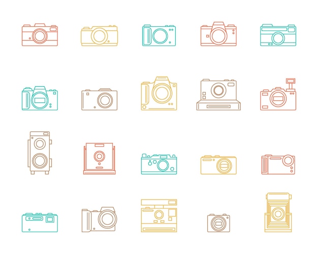 Signos de cámara de fotos Conjunto de iconos de línea delgada de color Símbolo de elemento de fotografía Diseño web Ilustración vectorial de tecnología fotográfica