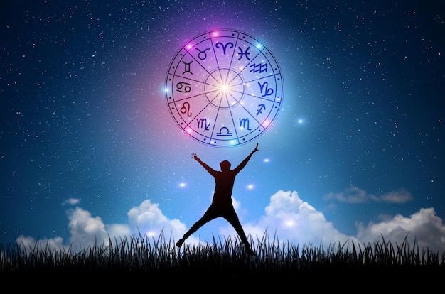 Signos do zodíaco dentro do círculo do horóscopo Astrologia no céu com muitas estrelas e luas astrologia e conceito de horóscopos