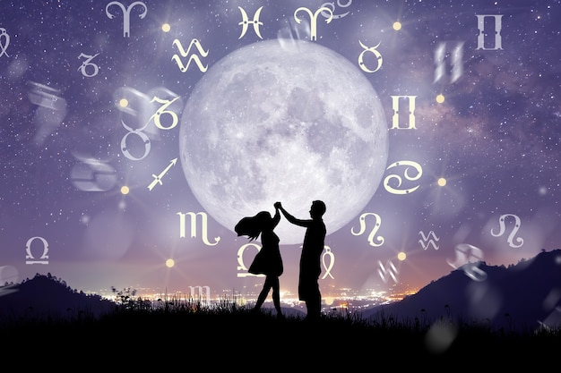 Signos do zodíaco dentro do círculo do horóscopo Casal dançando sobre a roda do zodíaco
