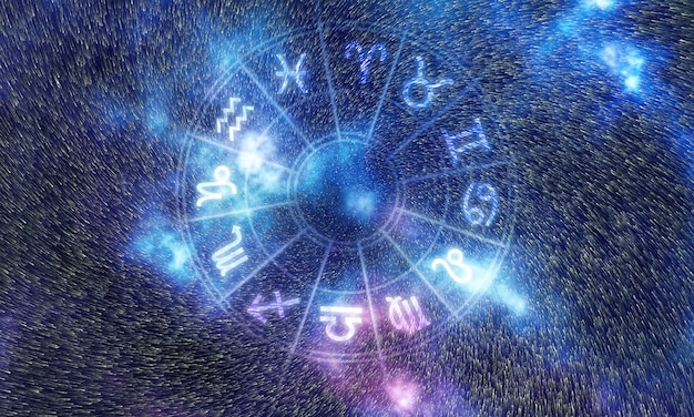 Signos del horóscopo Fondo del espacio, rueda de astrología, cielo nocturno de estrellas