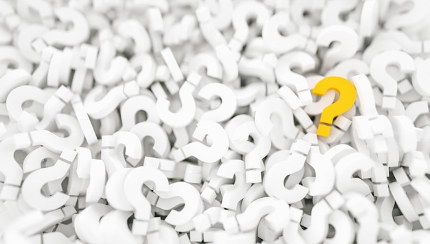 signos de interrogación infinitos con un signo de pregunta de color amarillo, conceptos comerciales y de marketing