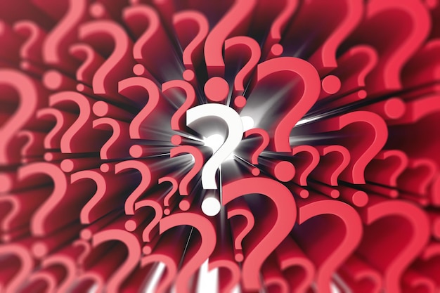 Signos de interrogación de la pared del concepto, una vista frontal, con el efecto de profundidad de campo. representación 3d