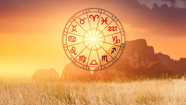 Signos del zodiaco dentro del círculo del horóscopo Astrología en el cielo con muchas estrellas y lunas concepto de astrología y horóscopos