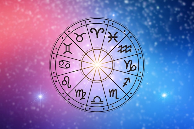 Signos del zodiaco dentro del círculo del horóscopo Astrología en el cielo con muchas estrellas y lunas concepto de astrología y horóscopos