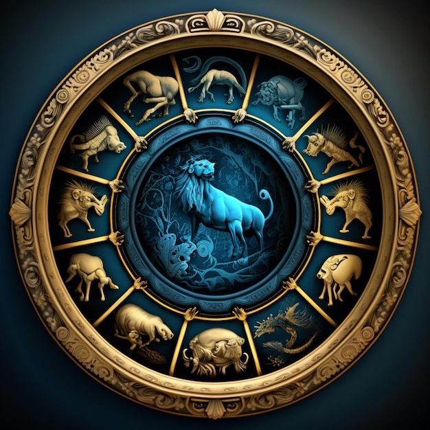 signos del zodíaco en un marco circular con un fondo azul ai generativo