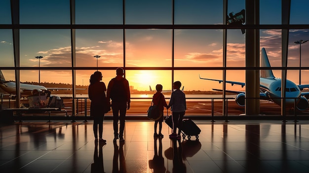 Sihouette de familia joven en la puerta de embarque de la terminal del aeropuerto mirando el vuelo del aviónGenerative Ai