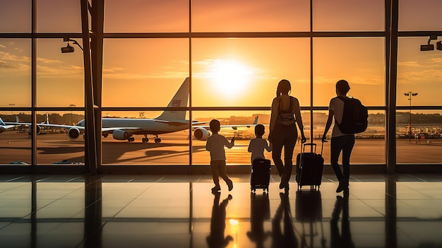 Sihouette de familia joven en la puerta de embarque de la terminal del aeropuerto mirando el vuelo del aviónGenerative Ai