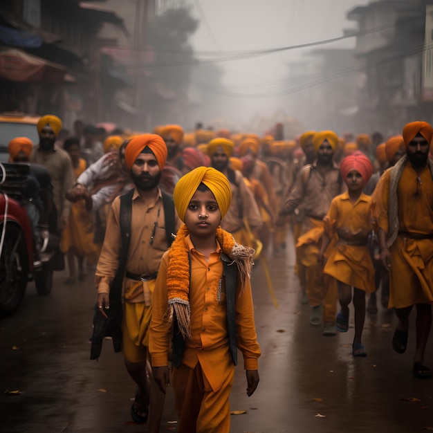 Foto sikhs vestindo amarelo caminham por uma rua