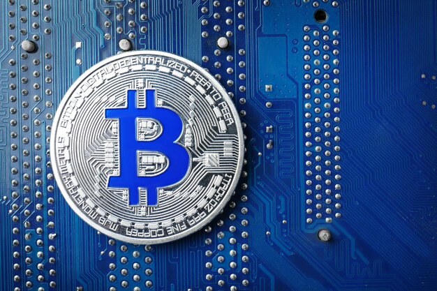 Foto silber-bitcoin auf pc-schaltplatten