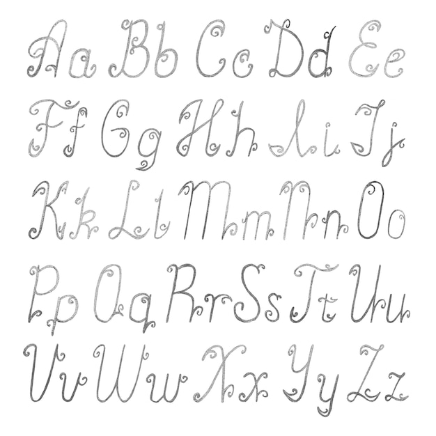 Silber gebürstetes lateinisches Alphabet auf weißem Hintergrund. Satz einzigartiger handgezeichneter silberner Glitzer-Lateinbuchstaben.