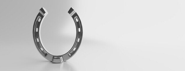 Silber glänzendes Hufeisen isoliert auf weißem, leerem Hintergrund Kopieren Sie Platzbanner 3D-Darstellung