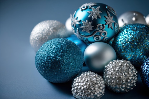 Silber und blau gefärbte festliche Weihnachtskugeln