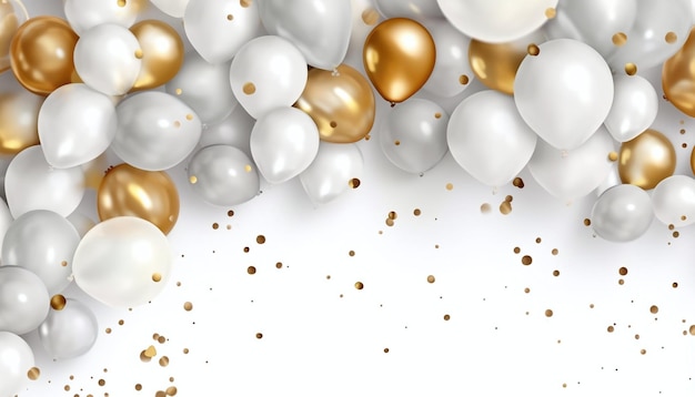 Silber- und Goldballons und Konfetti Neujahrsfeier helle Hintergrundbanner mit Platz für Ihren eigenen Inhalt