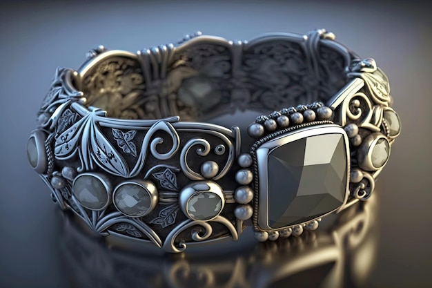 Silberarmband mit grauen Steinen und glänzenden Silberverzierungen