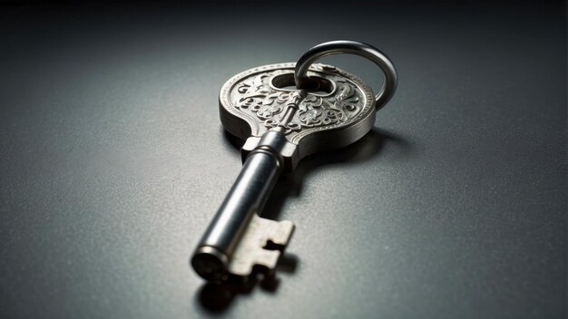 Silberer Schlüssel auf einem Ring, isoliert auf grau